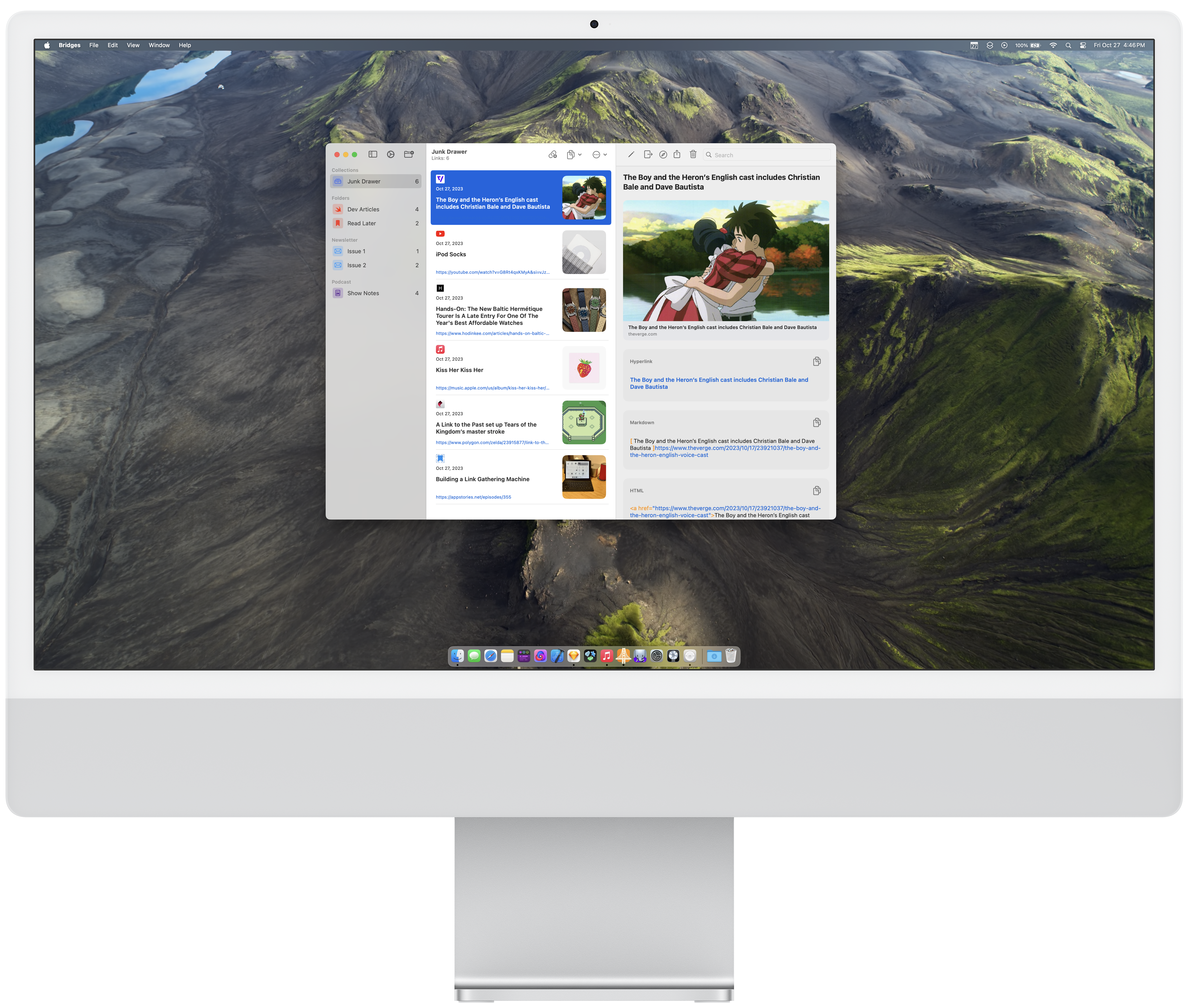 An iMac that is running my link saving app Bridges.