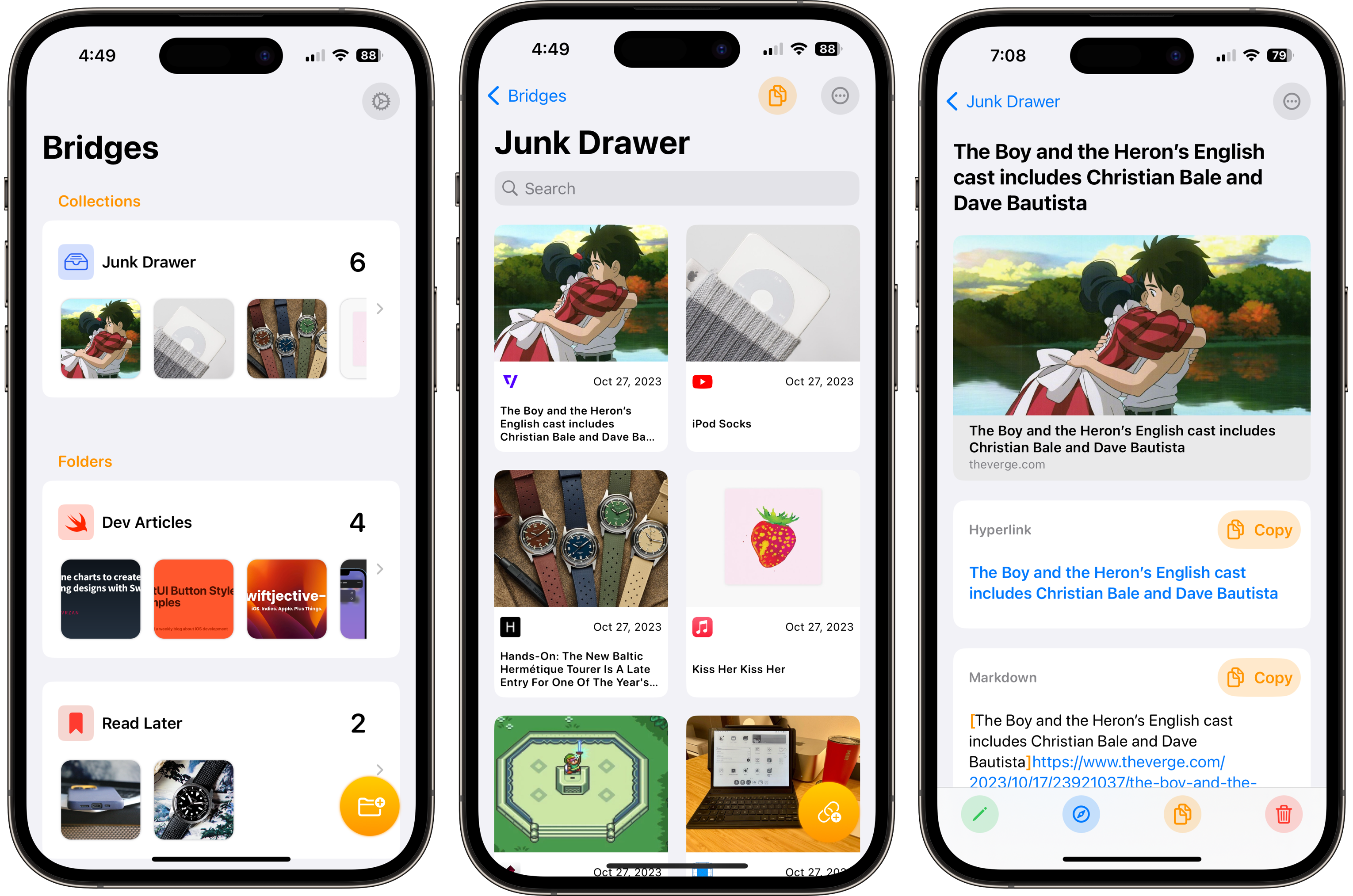 Three iPhones that show my link saving app Bridges.