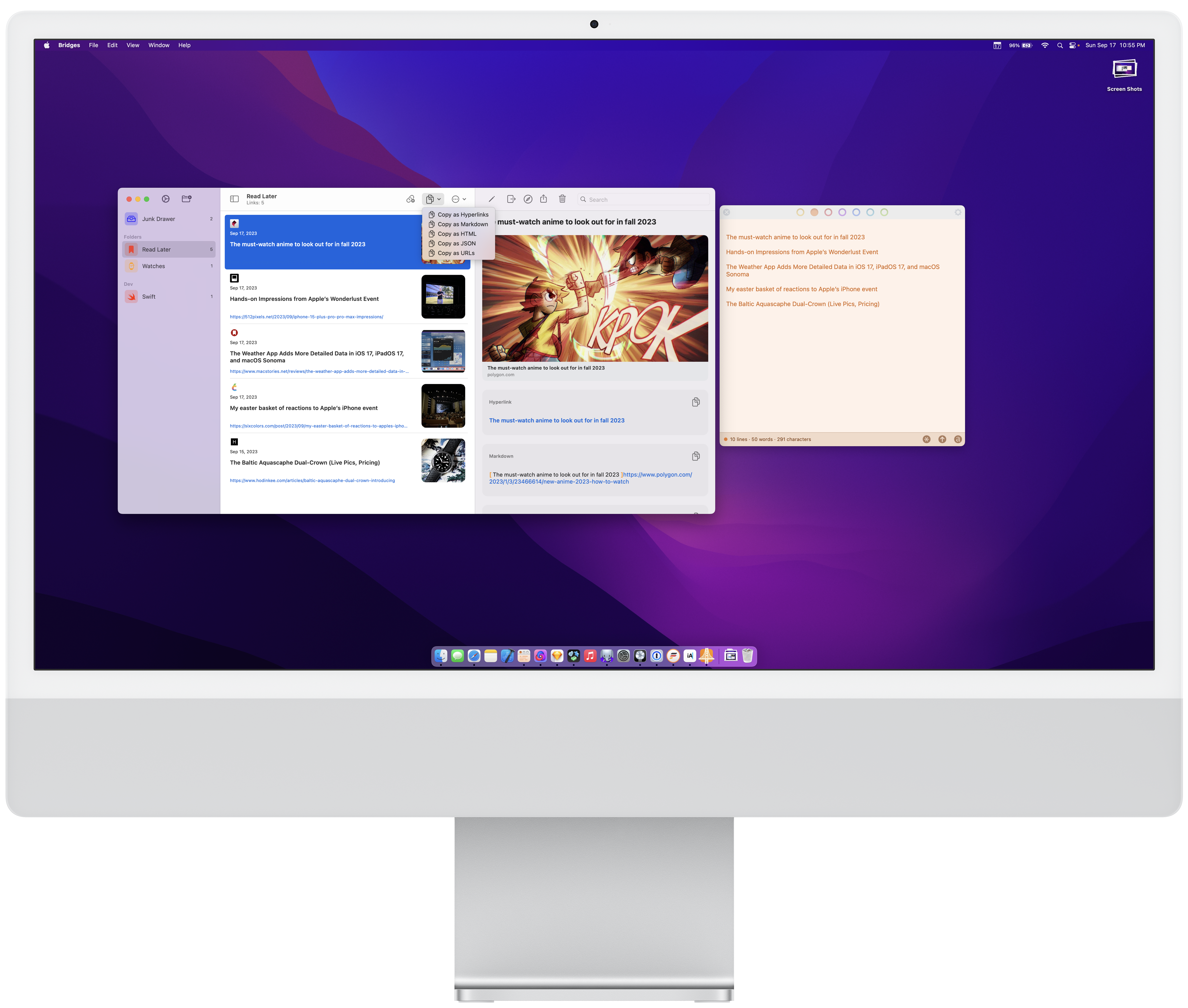 Bridges running on the Mac. A picture of an iMac running my link formatting app Bridges. It also shows Tot another app for saving quick notes in diffrerent tabs. Showing how you can copy all your fomatted links quickly with Bridges and paste it anywhere.
