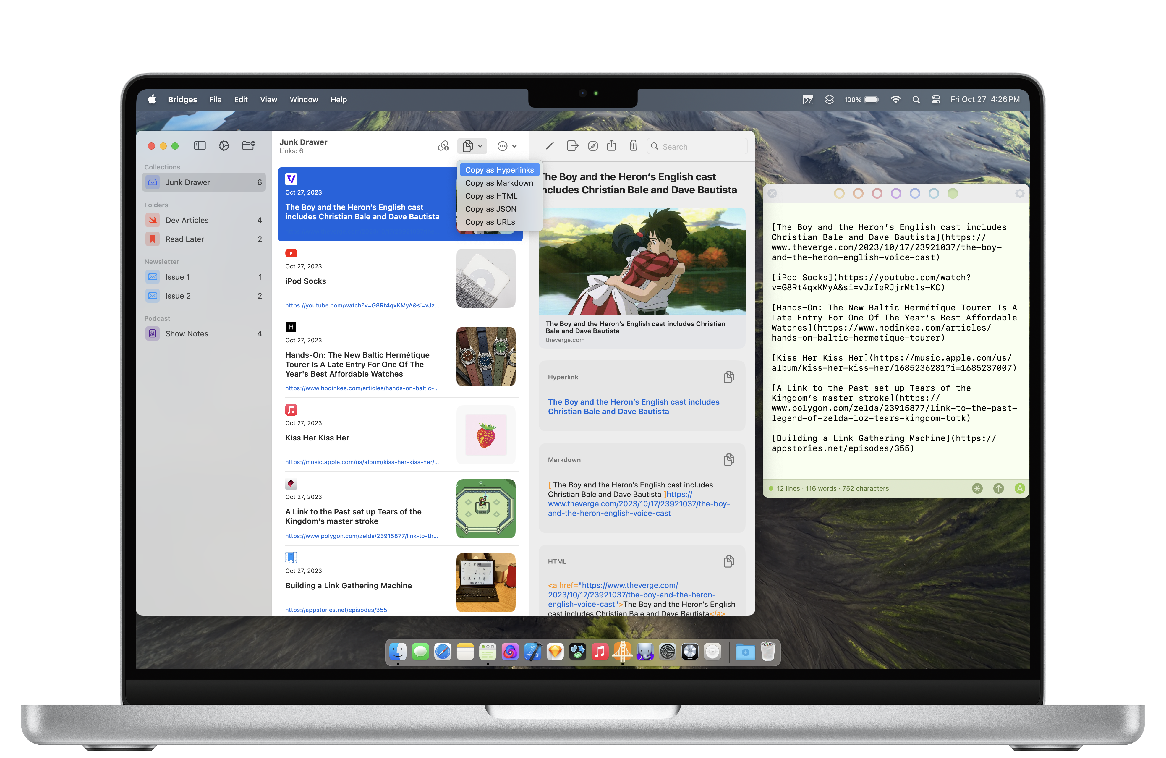 A Macbook Pro showing my link saving app Bridges. Showing how you can use the app to save links to a folder and copy all those links in different formats to the clipboard.