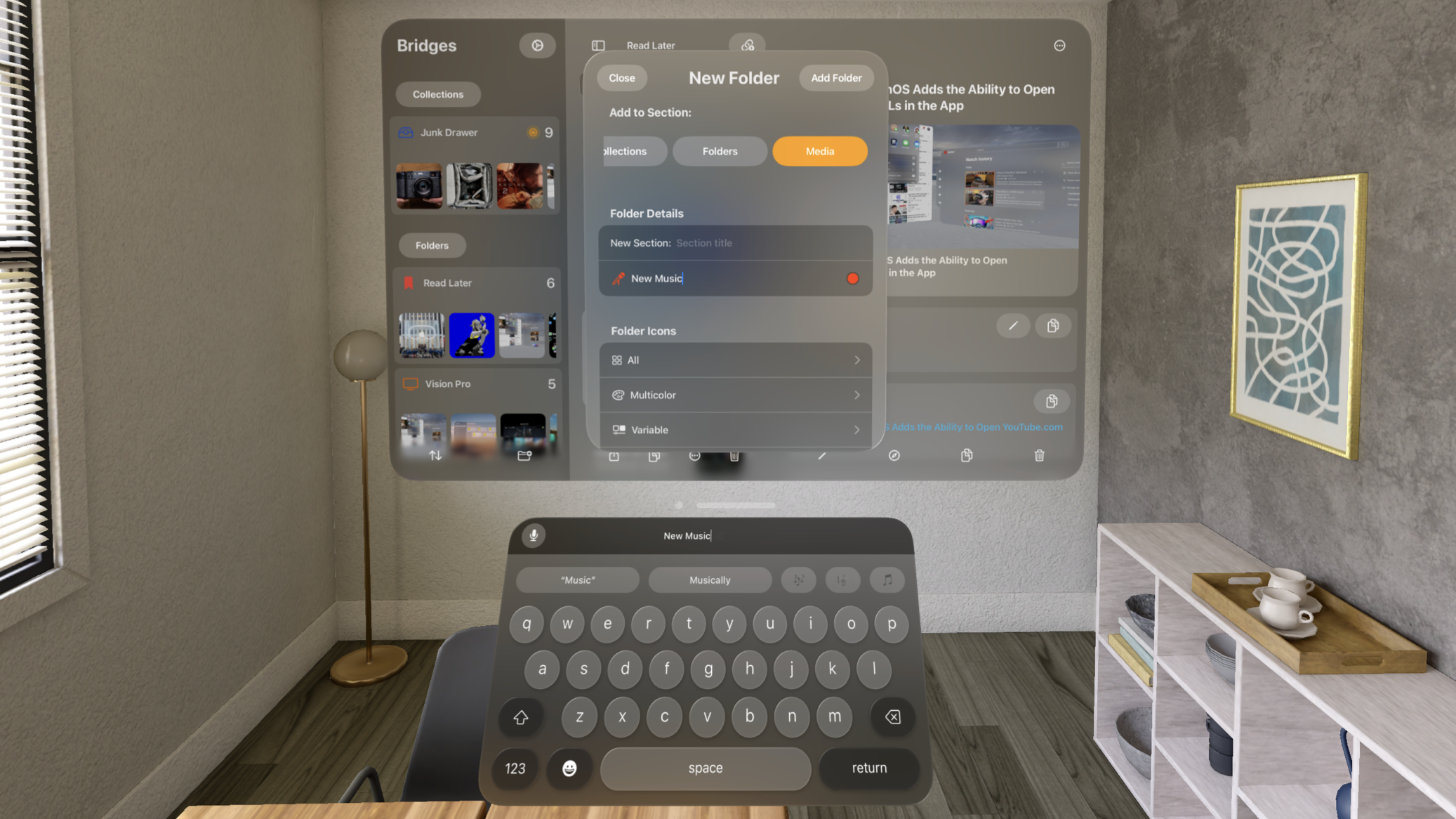A photo of my link saving app Bridges. Running on the Vision Pro simulator. Creating a new folder in the app.