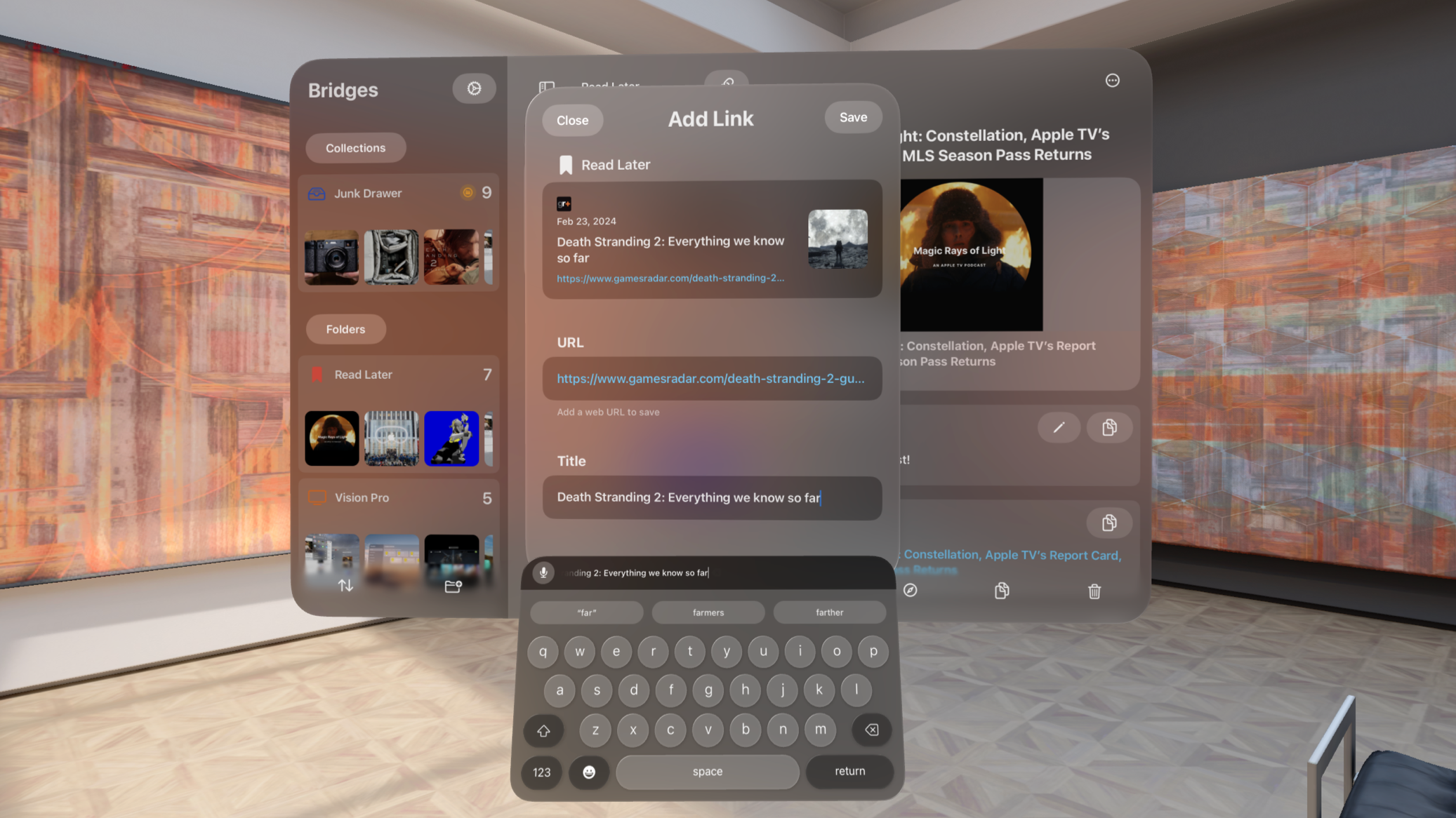 A photo of my link saving app Bridges. Running on the Vision Pro simulator. Saving a link to the folder