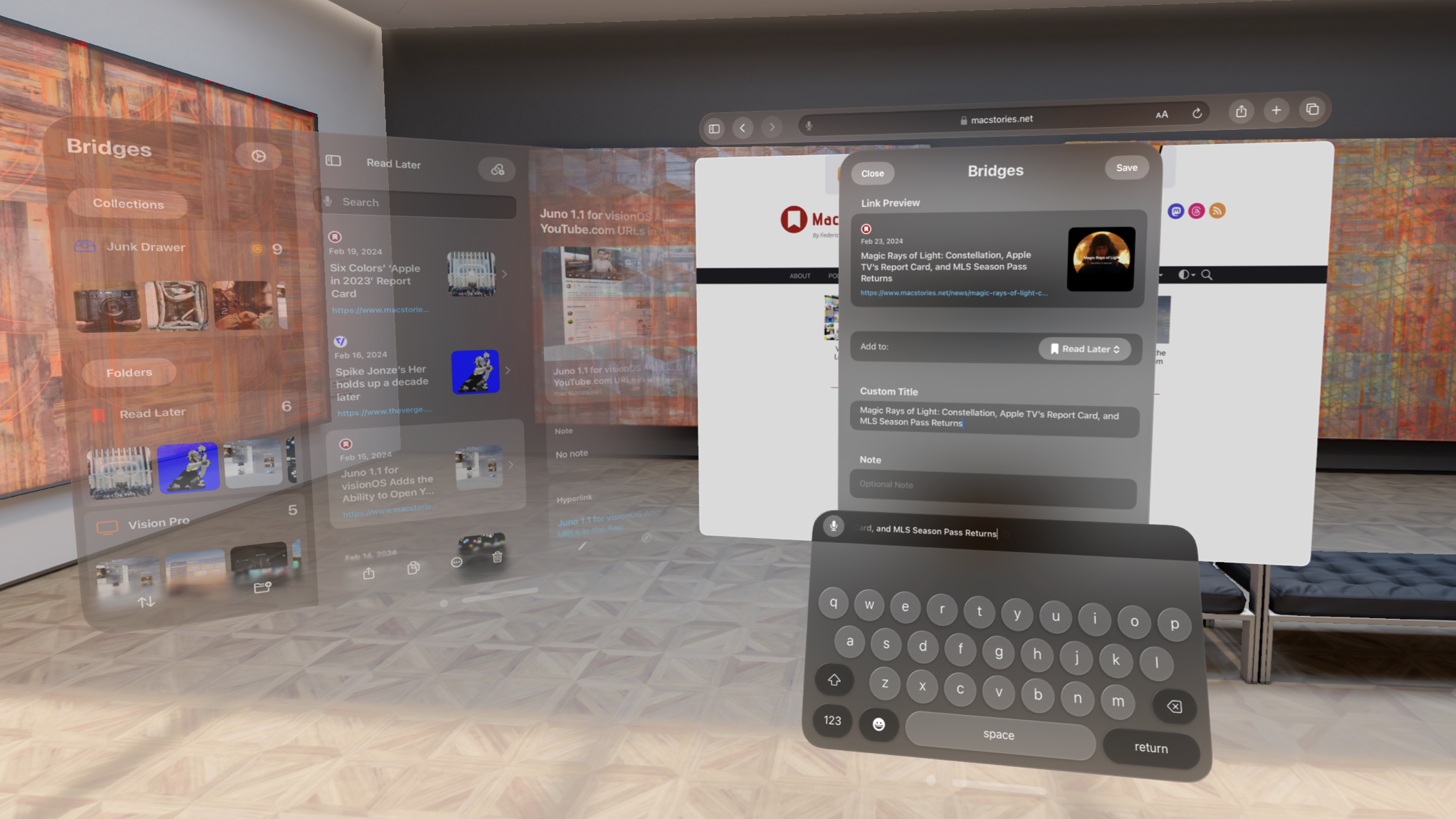 A photo of my link saving app Bridges. Running on the Vision Pro simulator. Saving a link to the folder from the share sheet.