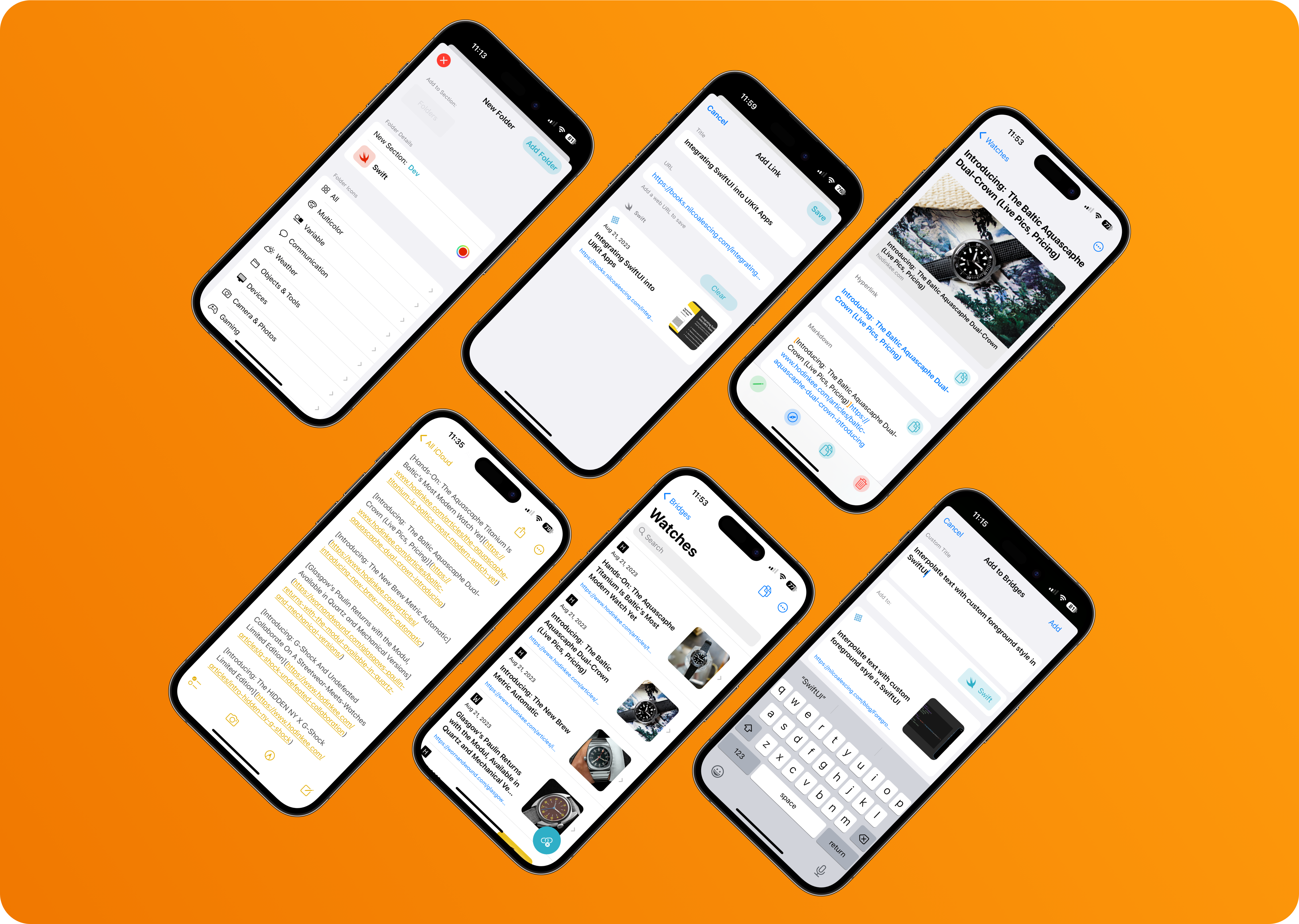 6 iPhones showcasing my link formatting app Bridges. Showing different views of the app and what it can be used for. Such as making folders, adding links, pasting links, detail views and more.