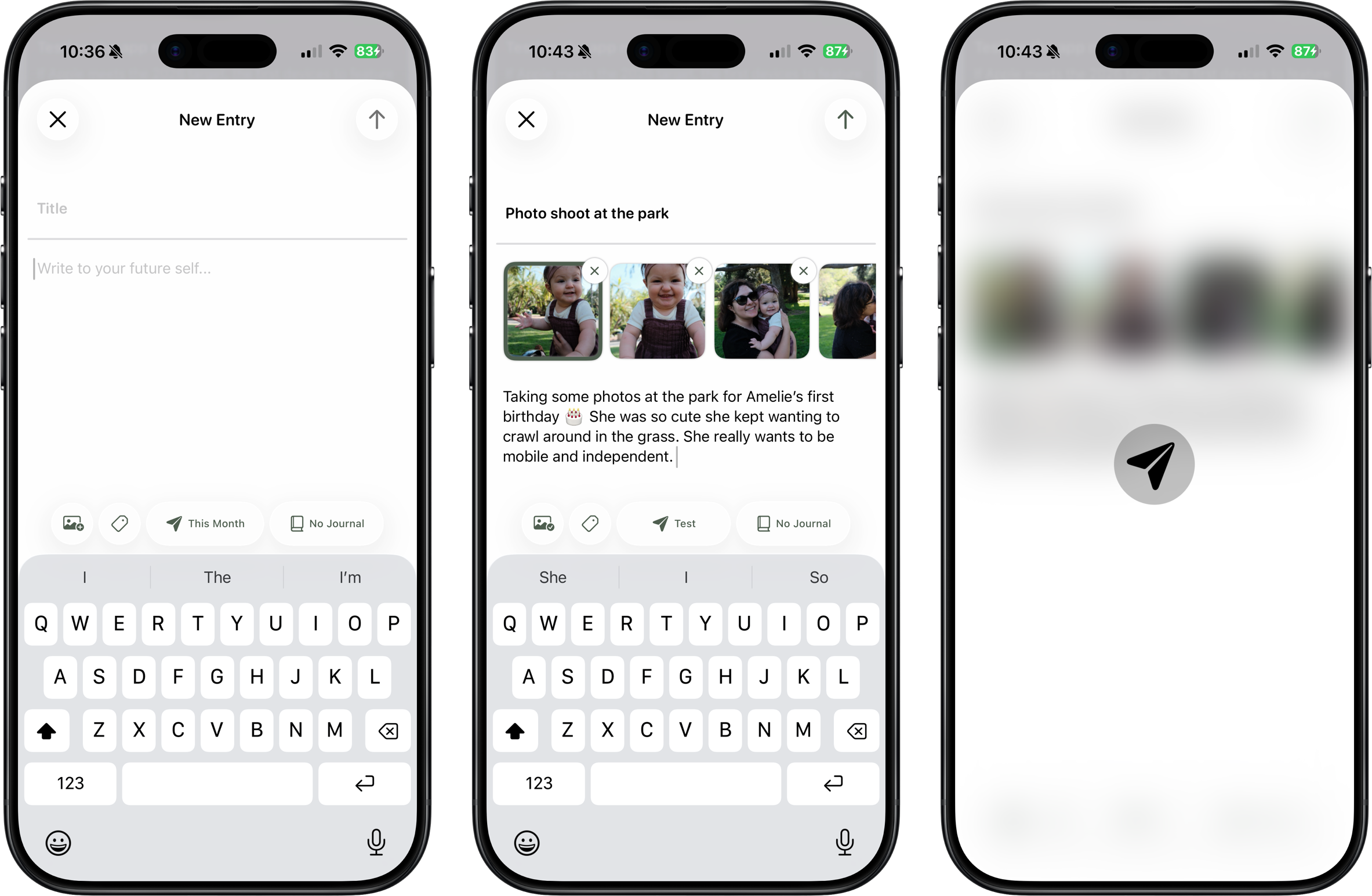 Three iPhones showing the process of composing an entry for my journaling app Timefall.