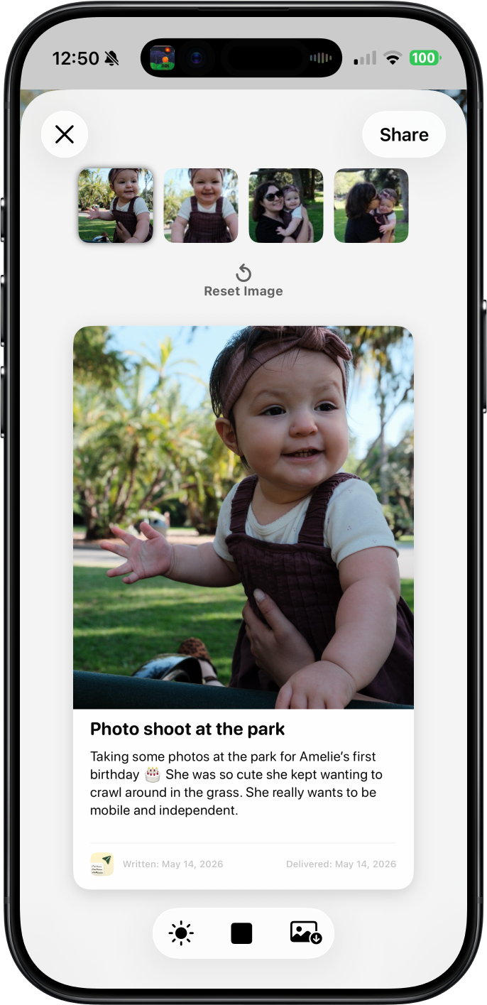 A photo of an iPhone with a sample entry about to be shared with a card like view.