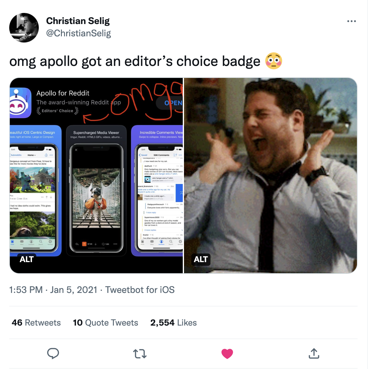 Christian celebrating his app Apollo getting a prized Editor’s Choice badge on the App Store