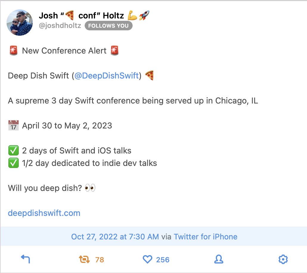 Josh Holtz Deep Dish Swift conference annoucement