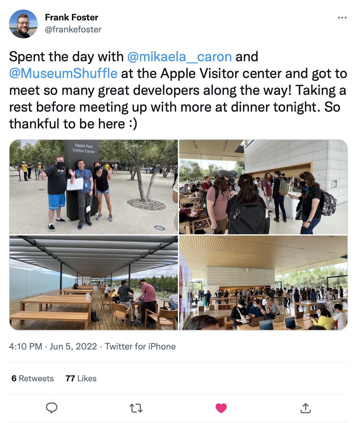 Frank posting about hanging out with Twitter friends IRL at WWDC22