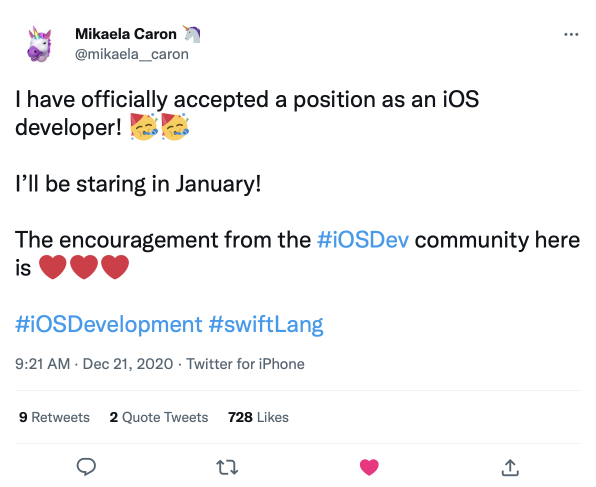 Mikaela announcing her first iOS developer position!