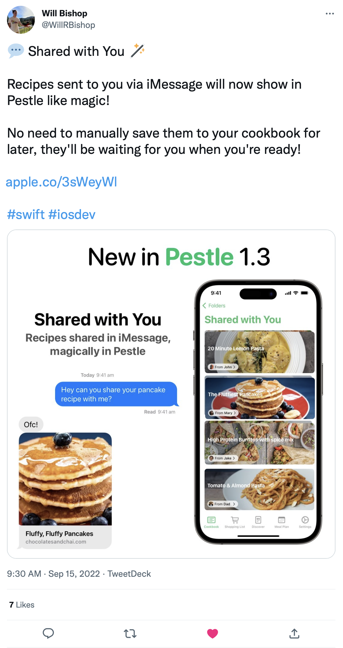 Will Bishop sharing a new update for his iOS cooking app Pestle