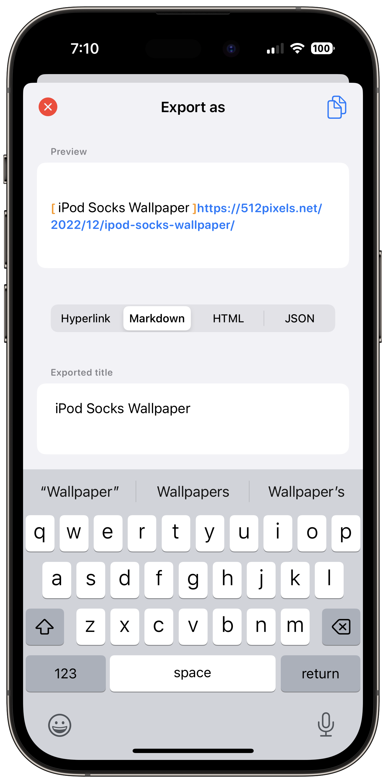 An iPhone showing how the app lets you copy a formatted link giving you the option to edit the title. You have a segmented control to select the format you want. With a live preview of what will be coppied above it.