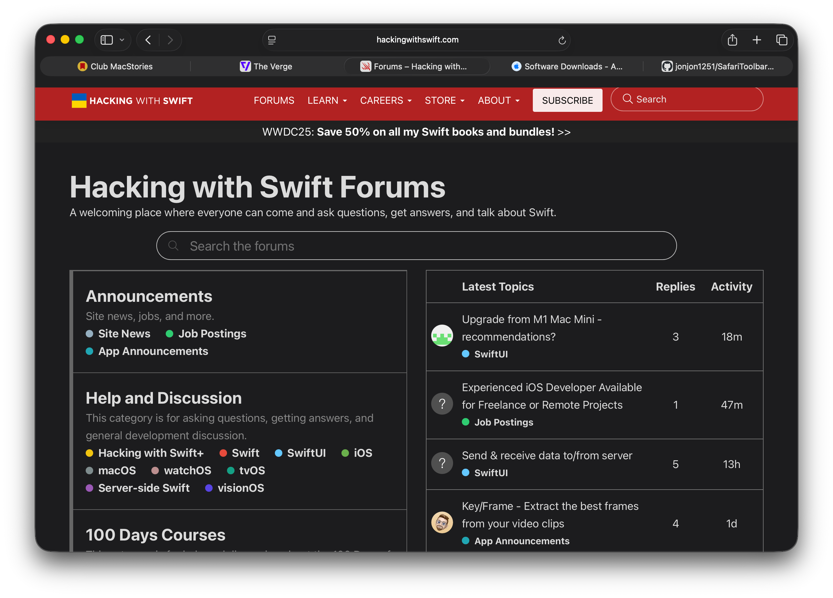 Safari on macOS Tahoe showing the website Hacking with Swift. Because of the extension I made the toolbar is a nice dark gray like before while in dark mode.