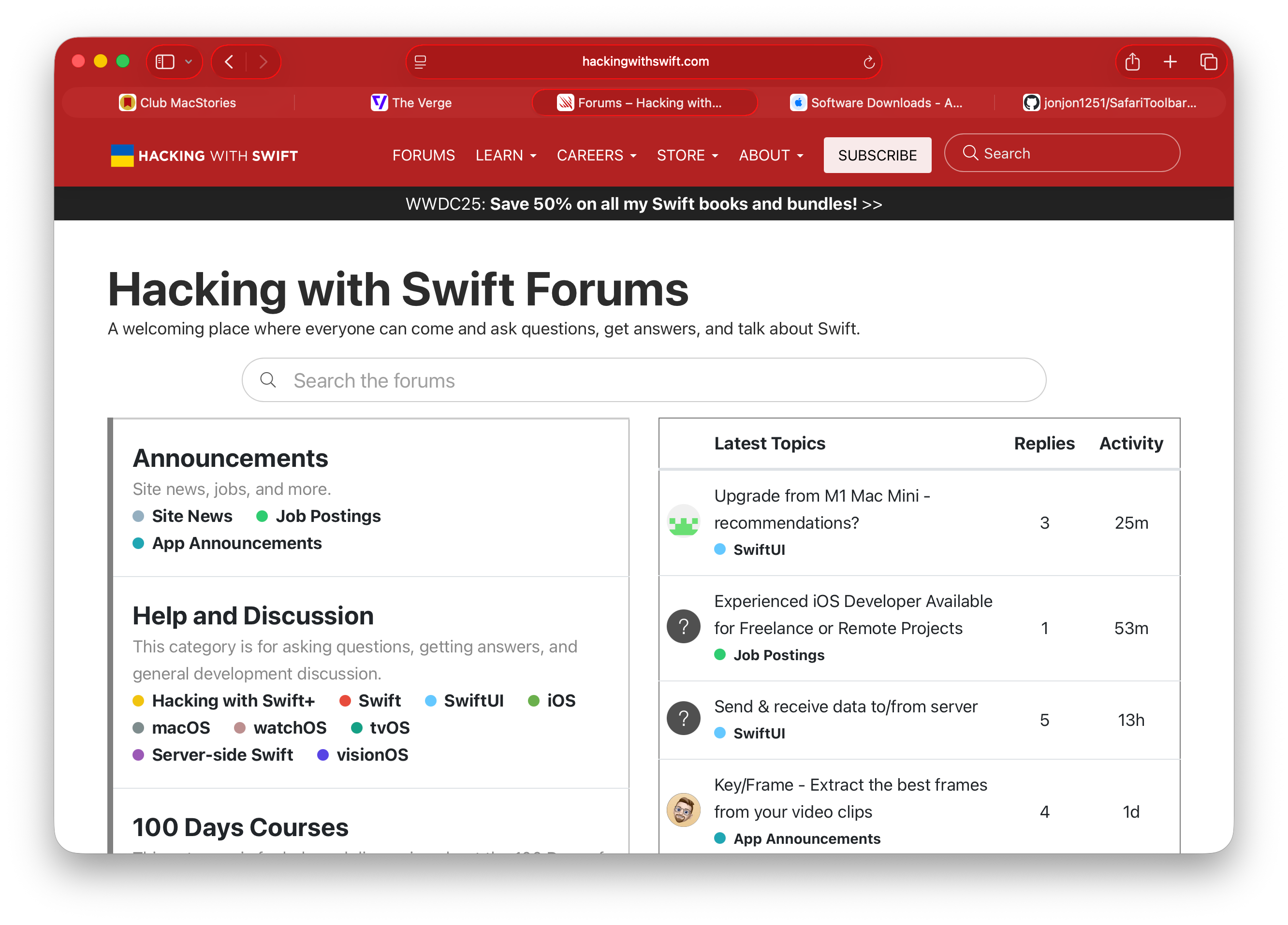 Safari on macOS Tahoe showing the website Hacking with Swift. Because of the webpage the toolbar is red.